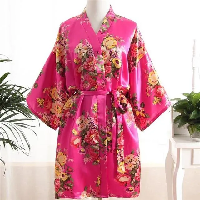 Elegant Pink Women Kimono Bath Gown Sexy Bride Bridesmaid Wedding Robe Nightgown Sexy Home Clothing Sleepwear Negligee Lingerie