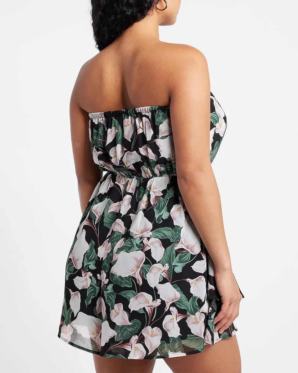 Floral Print Strapless Ruffle Romper Skort in Black Print