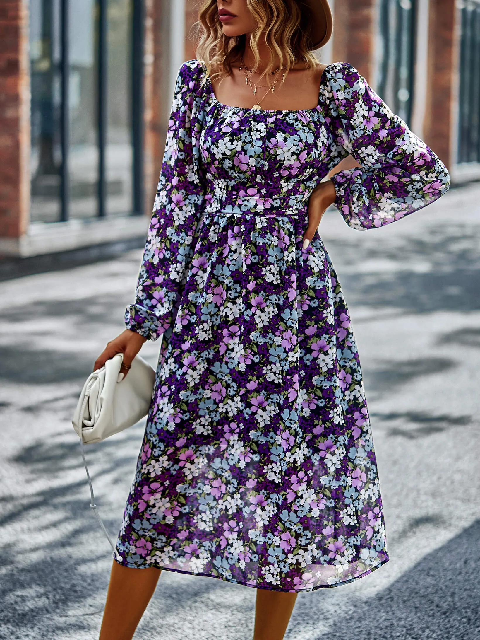 Floral Square Neck Smocked Balloon Sleeve Dress