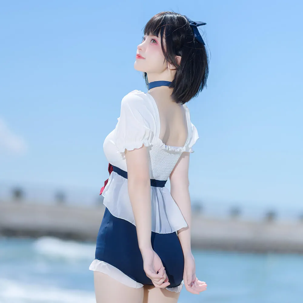Girly Bow Square Neck Puff Sleeve One Piece Swimsuit