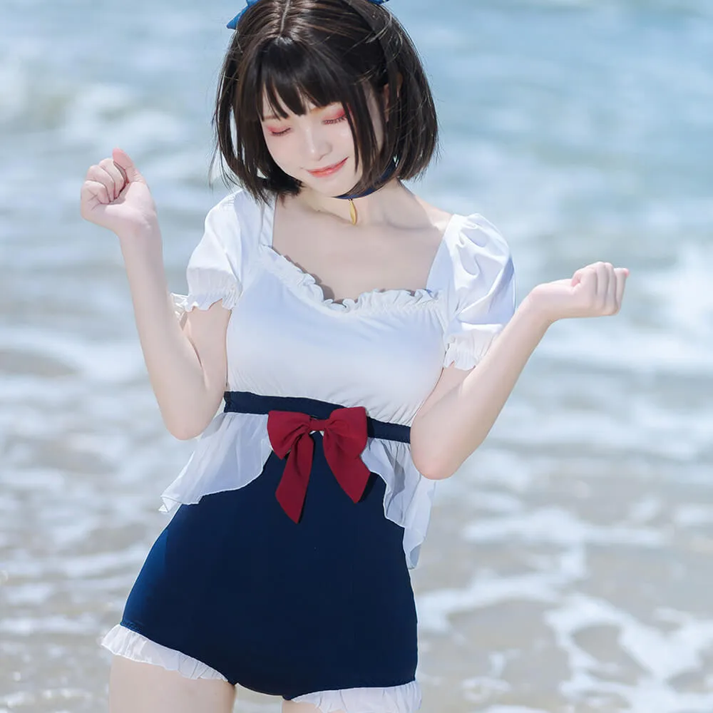 Girly Bow Square Neck Puff Sleeve One Piece Swimsuit