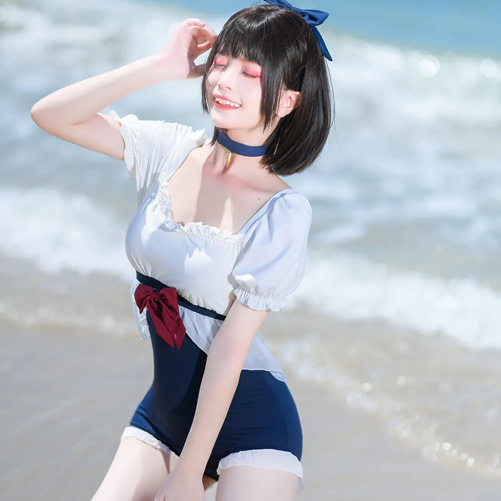 Girly Bow Square Neck Puff Sleeve One Piece Swimsuit