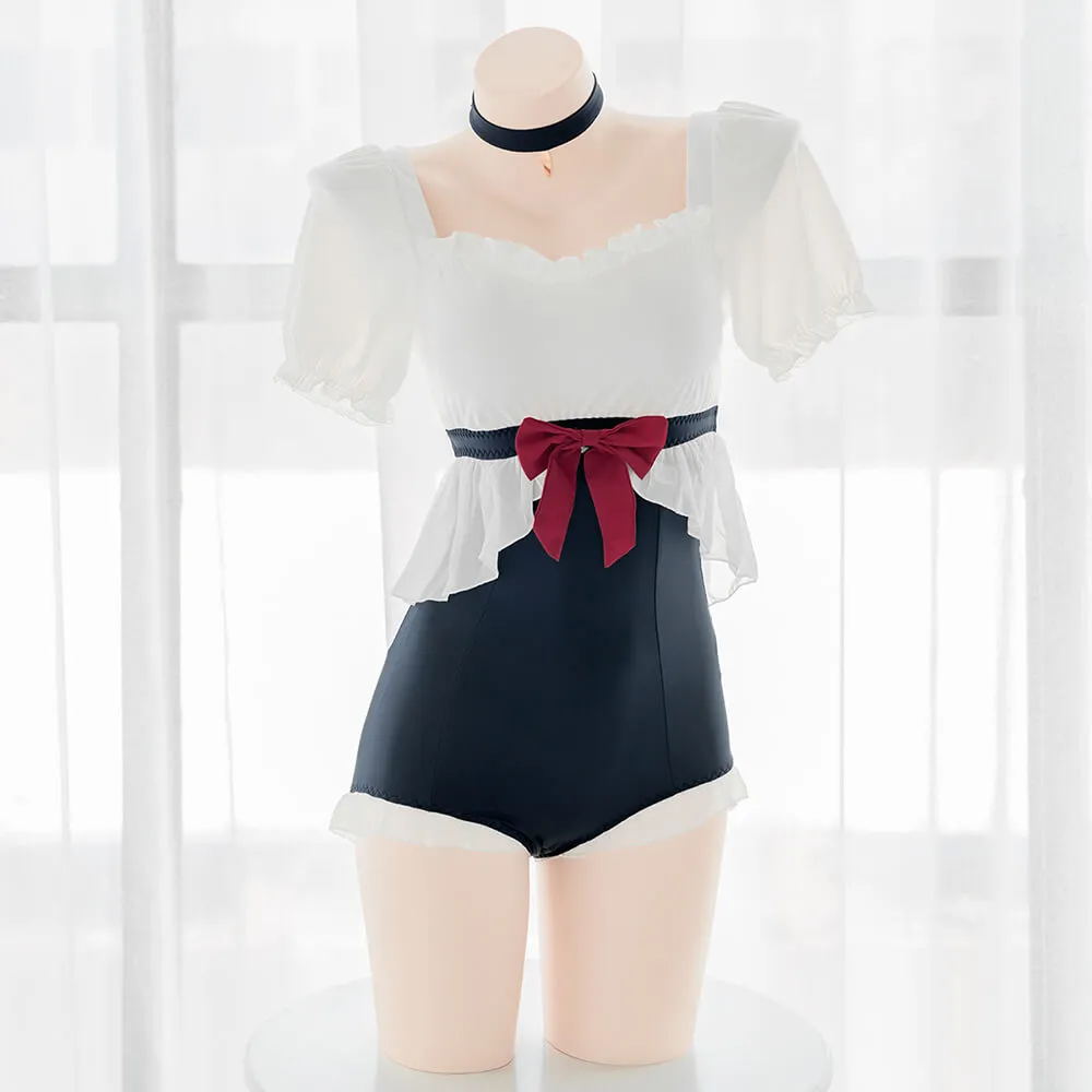 Girly Bow Square Neck Puff Sleeve One Piece Swimsuit
