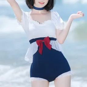 Girly Bow Square Neck Puff Sleeve One Piece Swimsuit