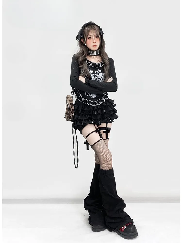Gothic Black Y2K Ruffle Neckline Asymmetrical Hem Top