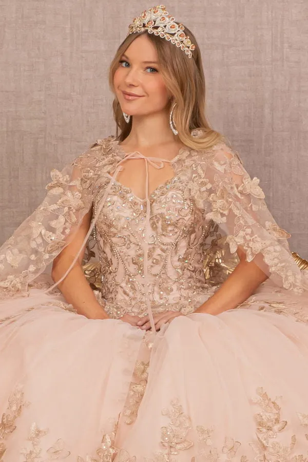 Jewel Mesh Quinceanera Gown w/ 3-D Butterfly Appliques and Long Mesh Capes by Elizabeth K - GL3104