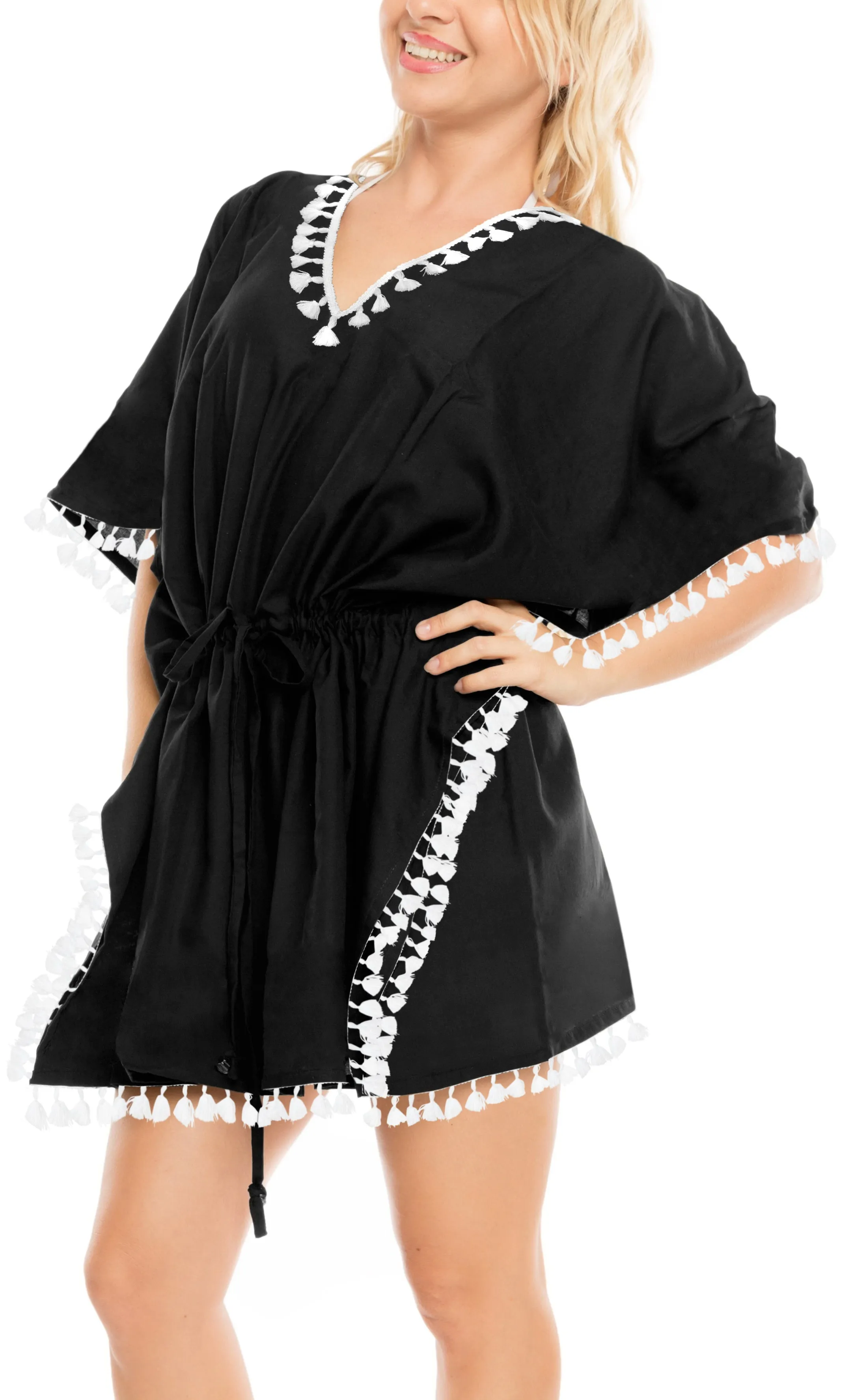 La Leela Kimono Blouse Bikini Swimwear Swimsuit Beach wear Pom Pom Cover up blac