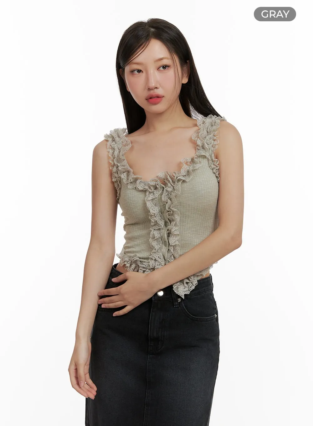 Lace Ruffle Hem Sleeveless Top CU405