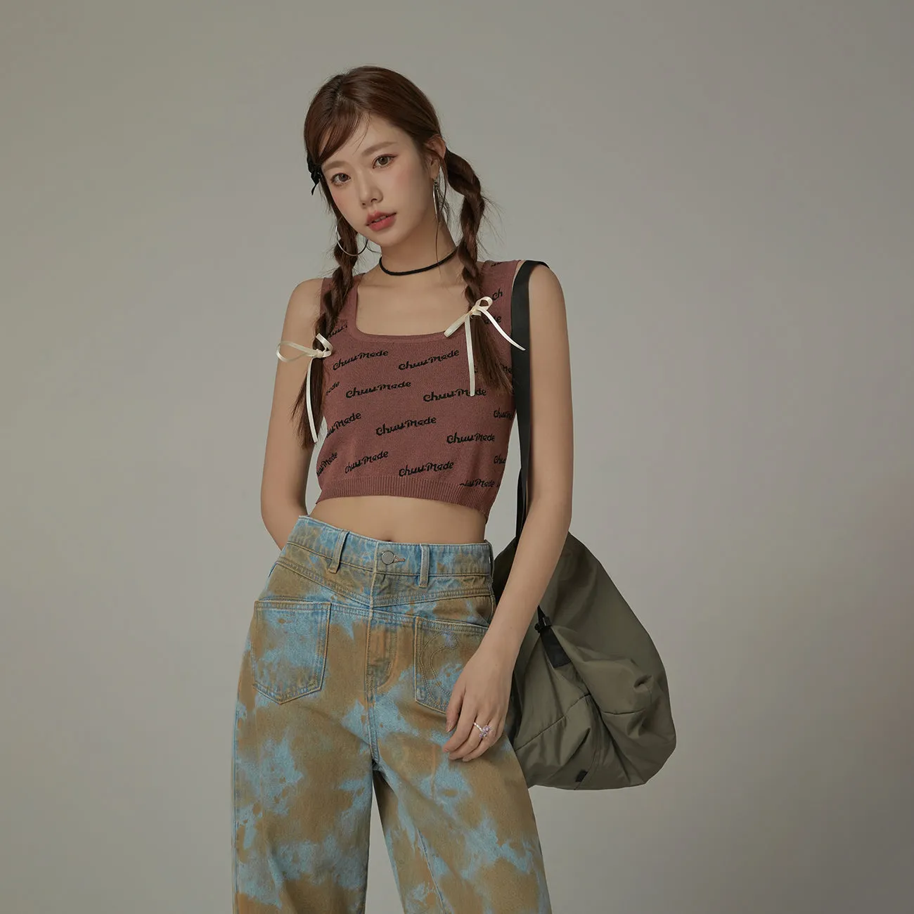 Lettering Square Neck Knitted Crop Top