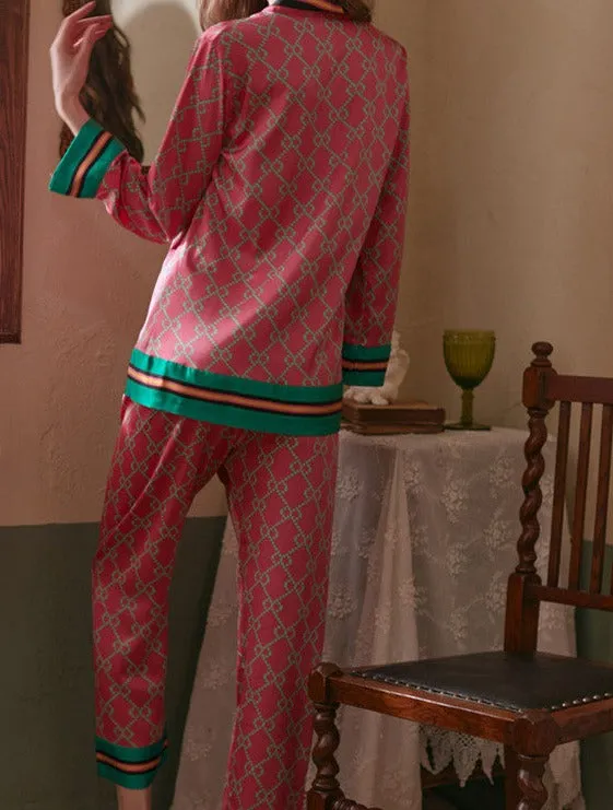 Long Sleeve Ice Silk Diamond Pajamas