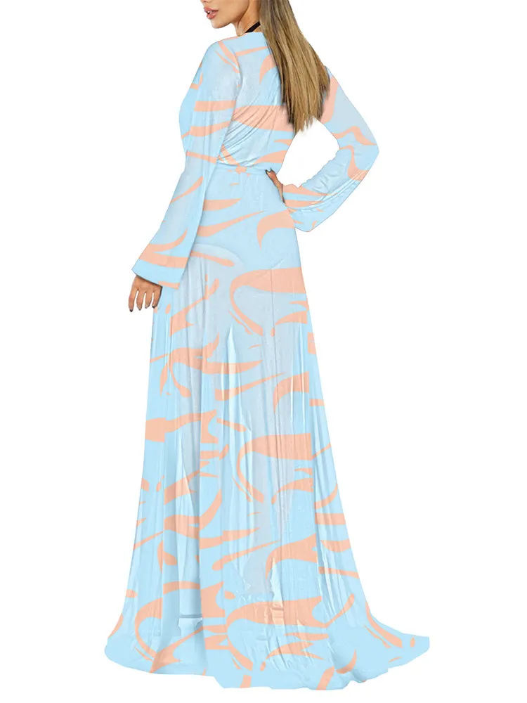 Long Sleeve Sheer Mesh Maxi Beach Cover Up For Women