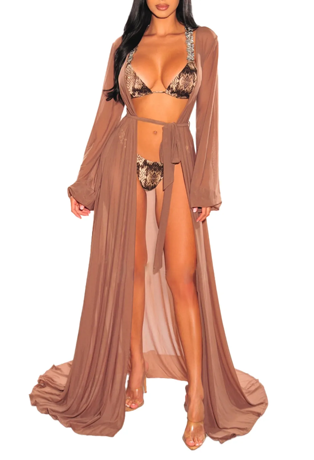 Long Sleeve Sheer Mesh Maxi Beach Cover Up For Women