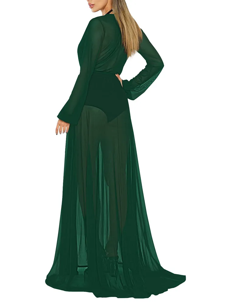 Long Sleeve Sheer Mesh Maxi Beach Cover Up For Women