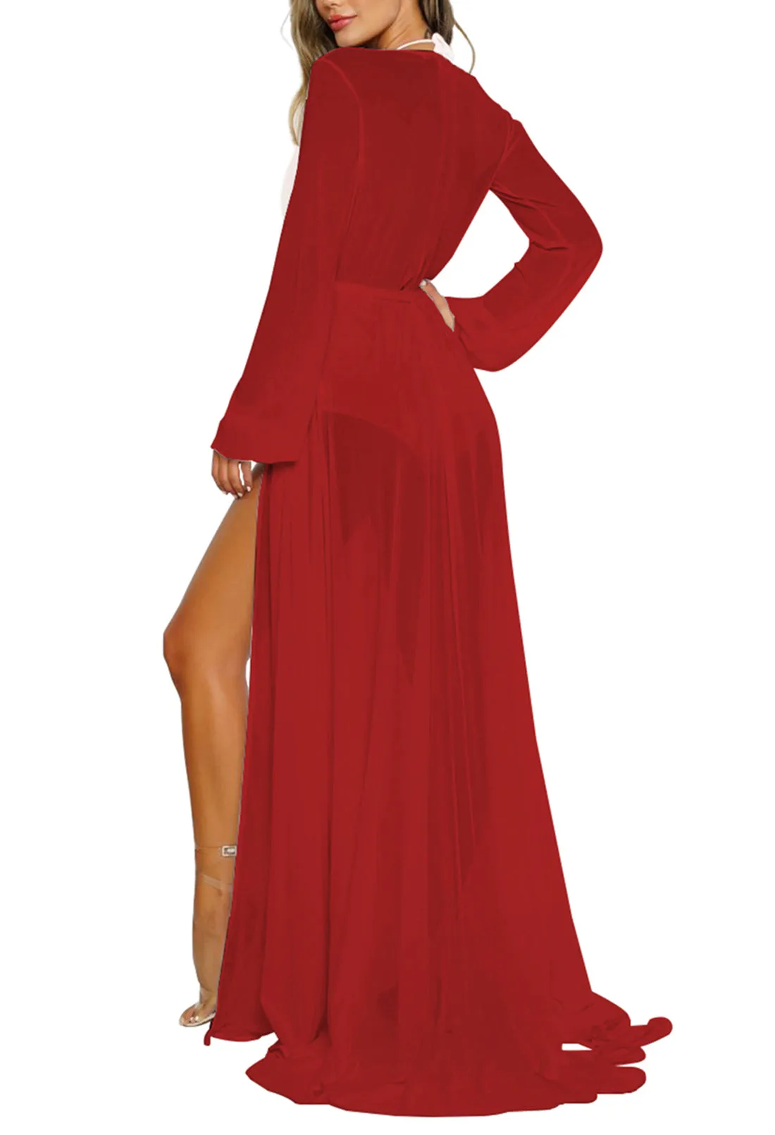 Long Sleeve Sheer Mesh Maxi Beach Cover Up For Women