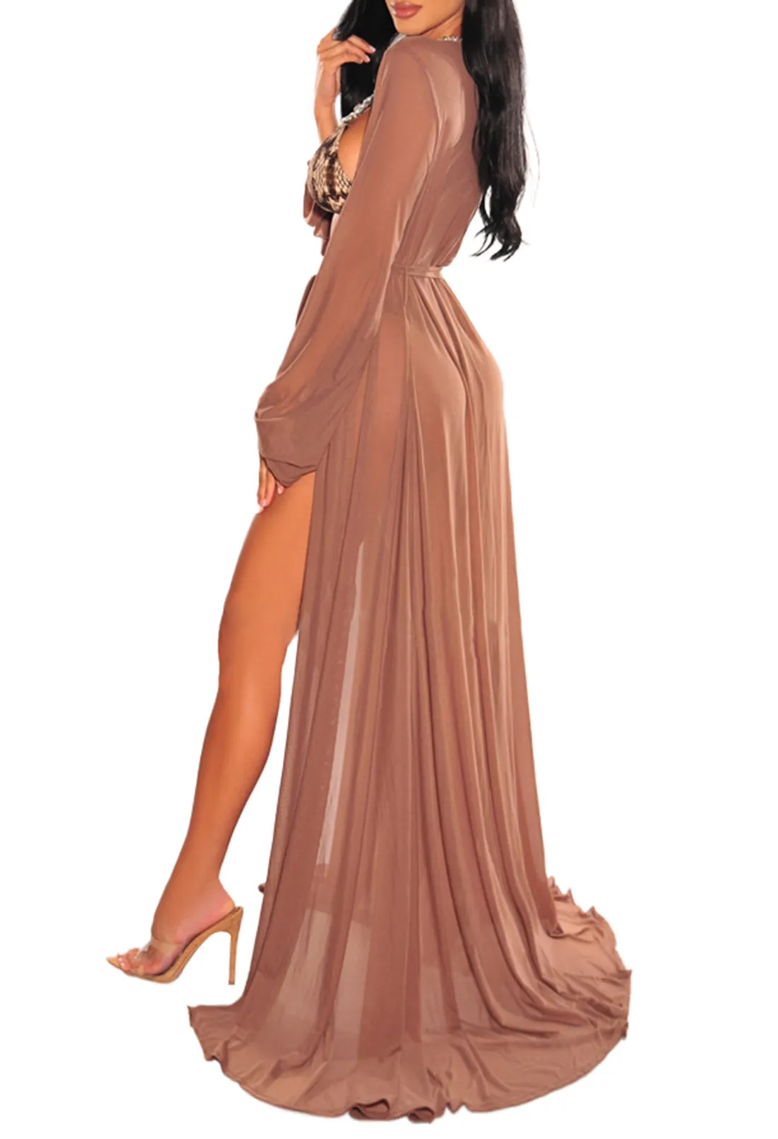 Long Sleeve Sheer Mesh Maxi Beach Cover Up For Women