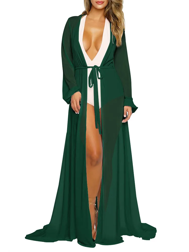 Long Sleeve Sheer Mesh Maxi Beach Cover Up For Women