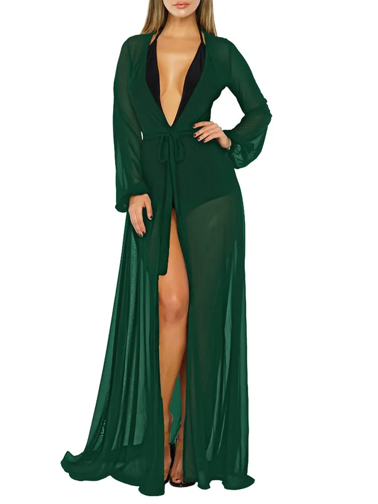 Long Sleeve Sheer Mesh Maxi Beach Cover Up For Women