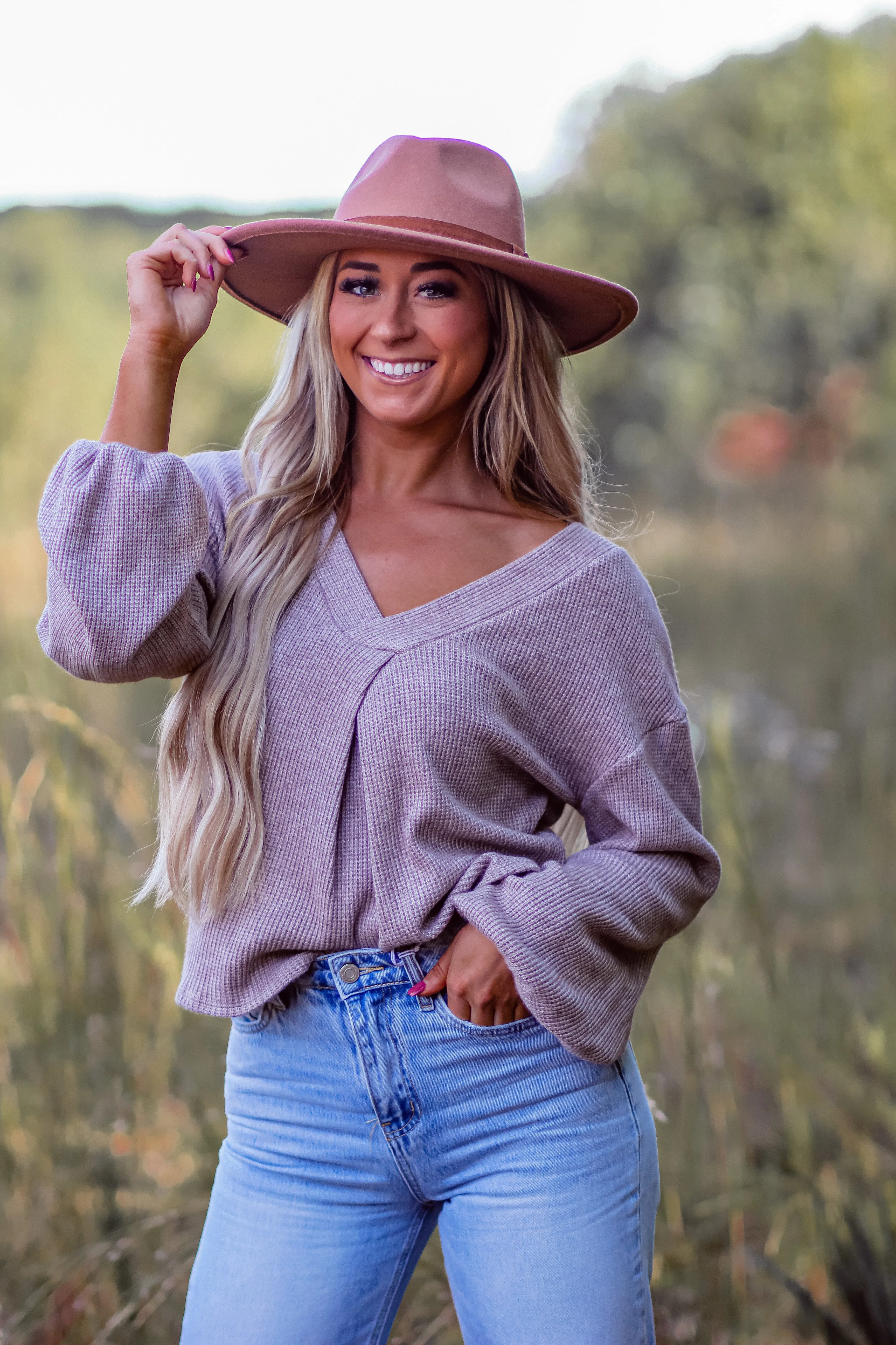 Oatmeal Balloon Sleeve V Neck Knit Top