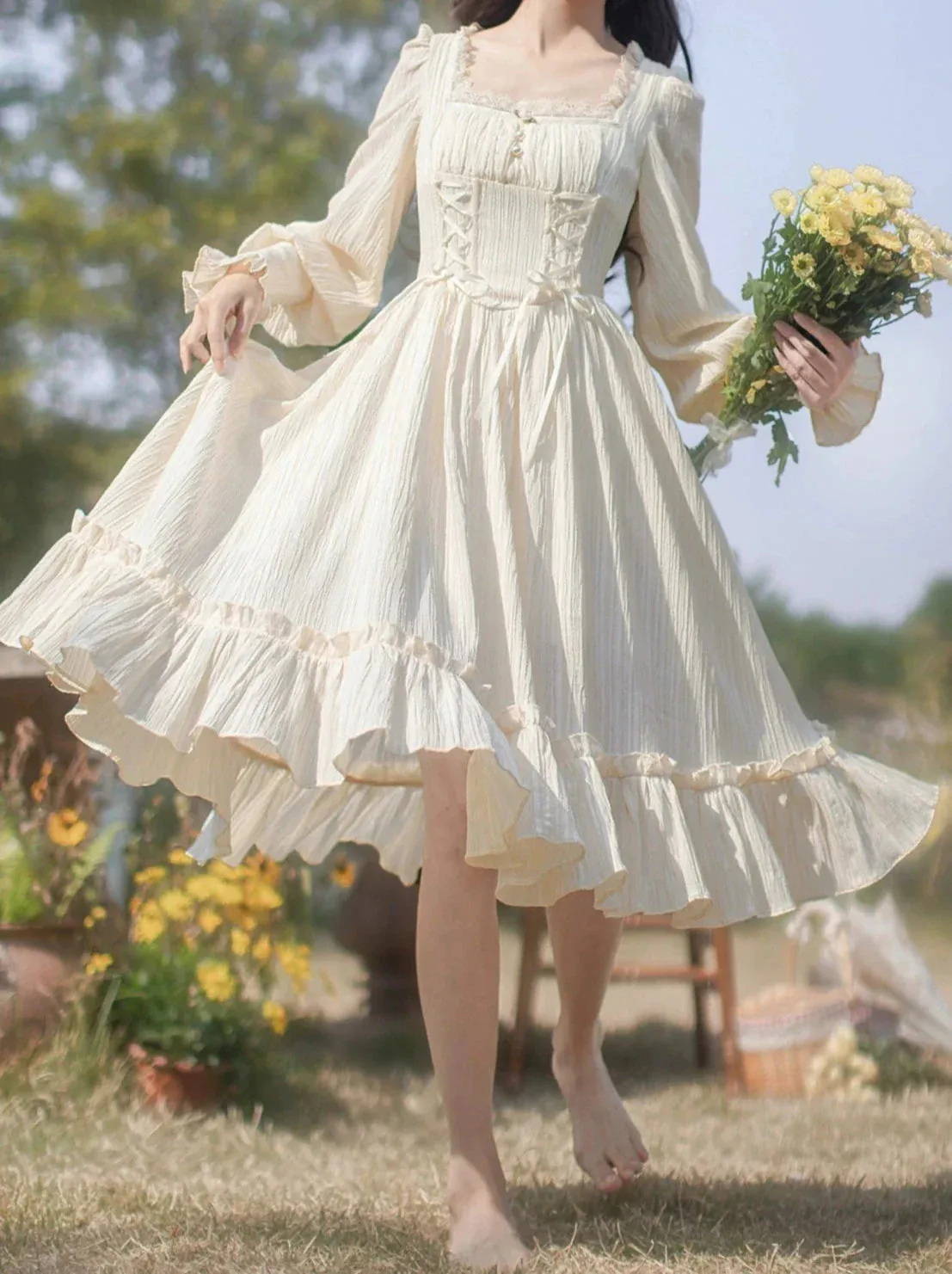 Oil Neck Square Flower   Paint French Bustier Dress