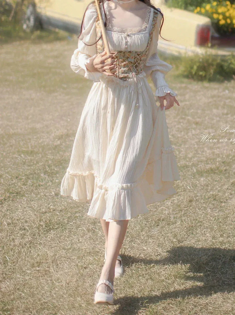 Oil Neck Square Flower   Paint French Bustier Dress