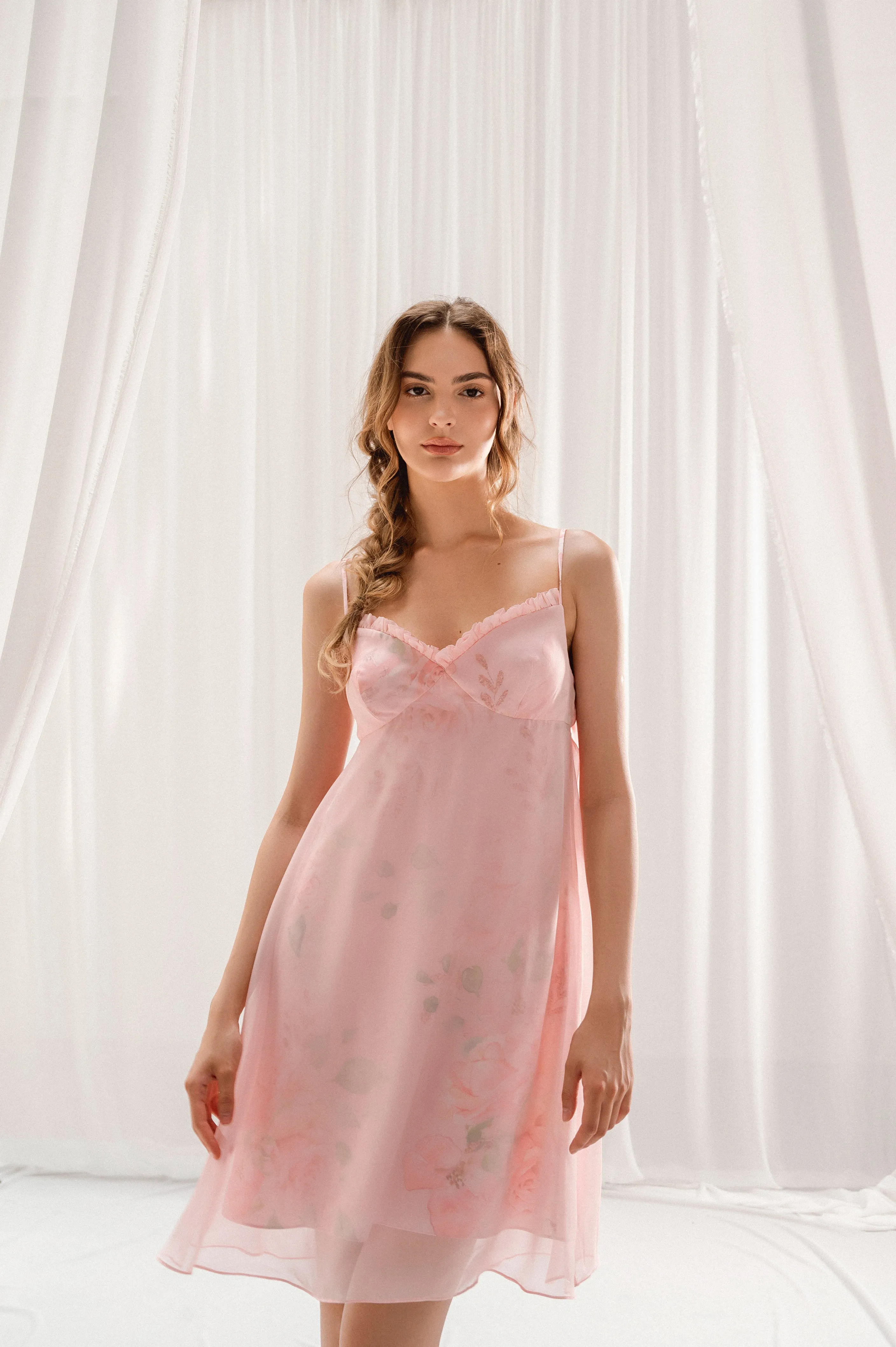 Pink Flower Print With Mesh Midi Dress