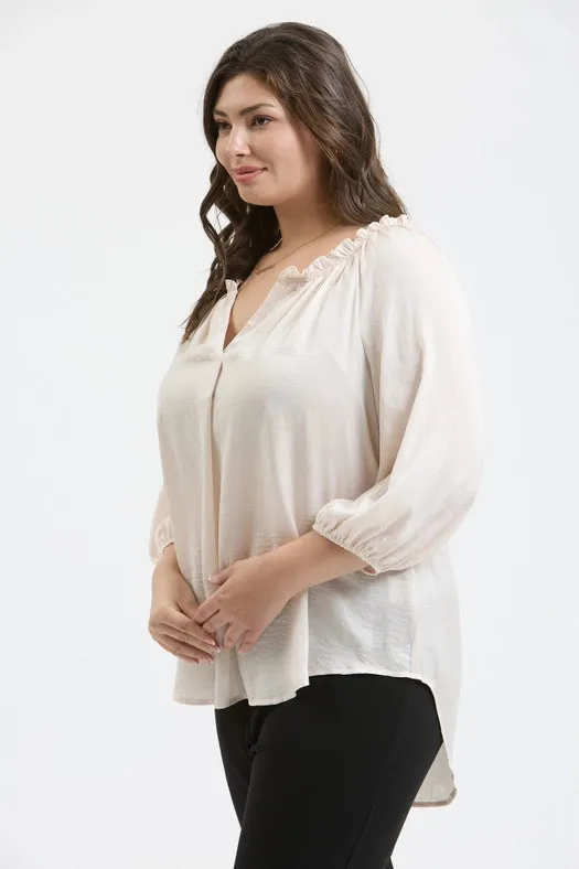 Plus Split Neck 3/4 Balloon Sleeve Blouse CHAMPAGNE