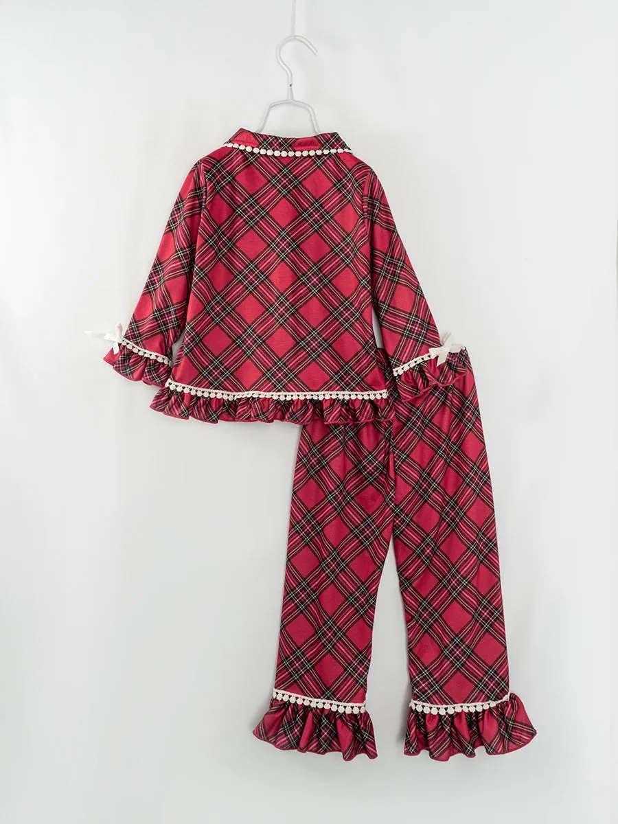 Red Plaid Pocket Ruffle Girl Outfit Pajamas