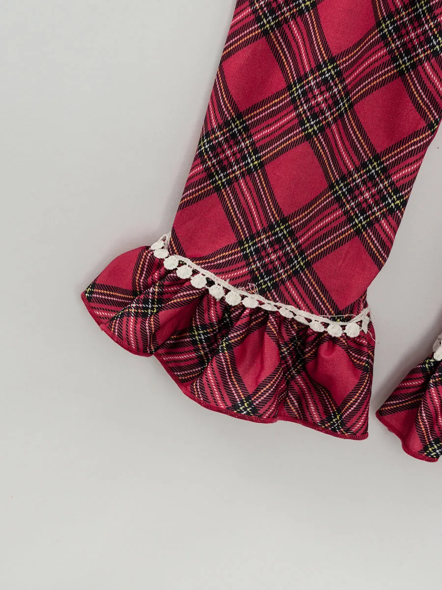 Red Plaid Pocket Ruffle Girl Outfit Pajamas