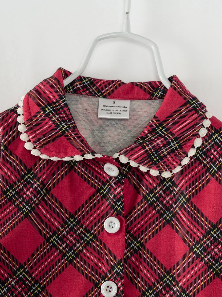 Red Plaid Pocket Ruffle Girl Outfit Pajamas