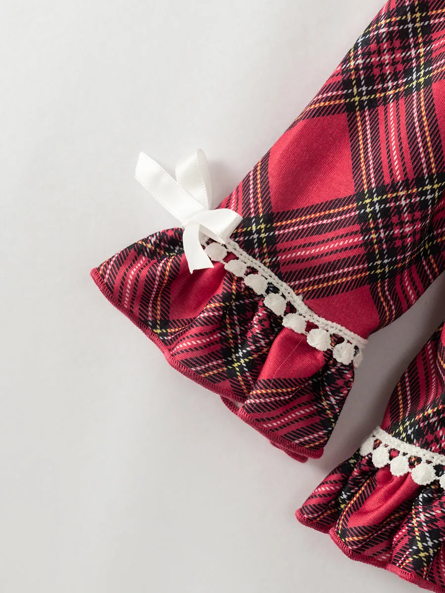 Red Plaid Pocket Ruffle Girl Outfit Pajamas