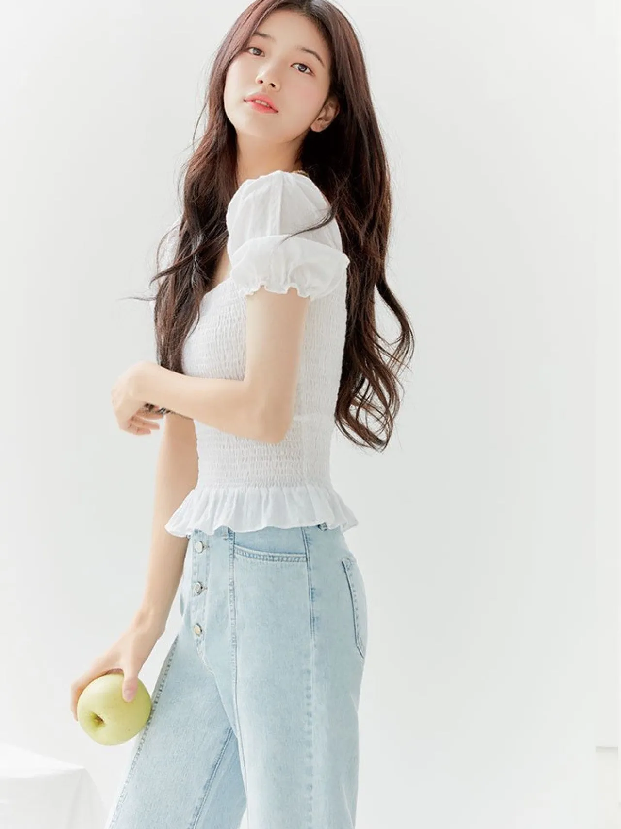 SHIRRED BLOUSE WITH RUFFLE HEM