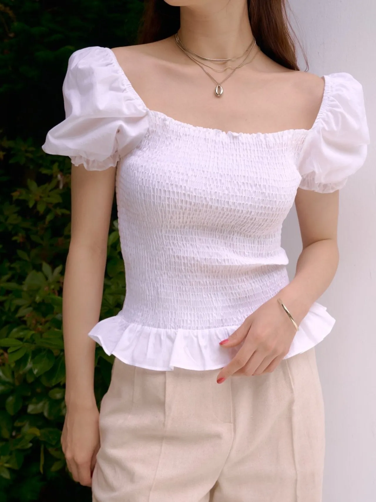SHIRRED BLOUSE WITH RUFFLE HEM