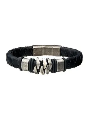 Steel & Gun Metal Black Leather Bracelet