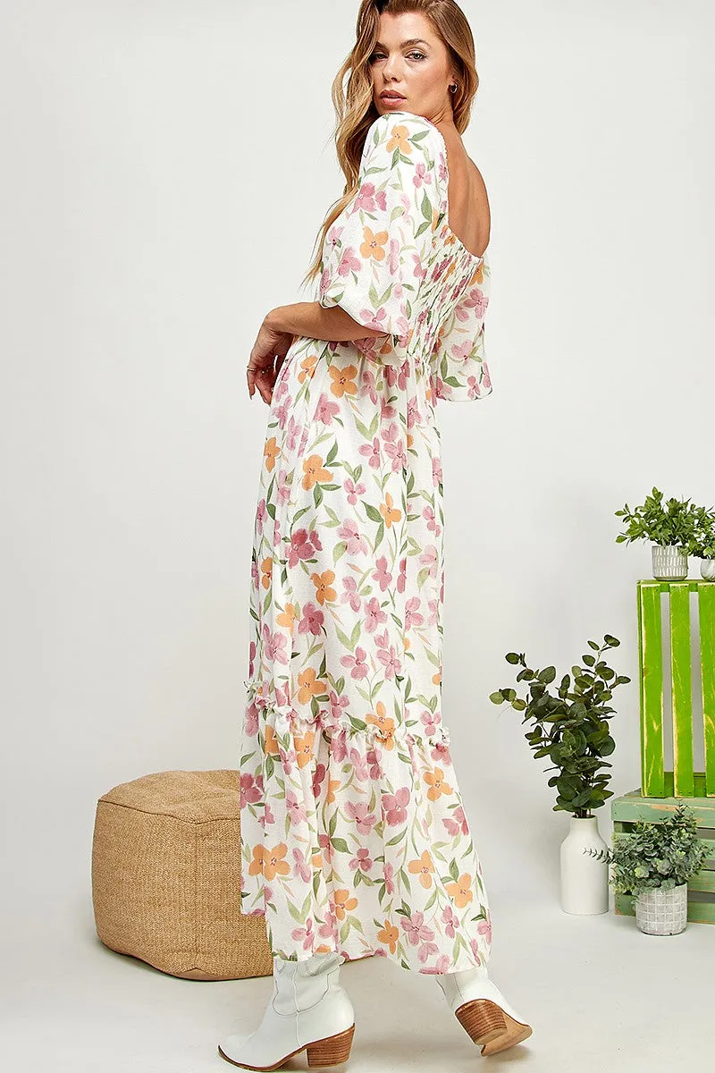 White Floral Barbie Flower Print Balloon Sleeve Tiered Dress