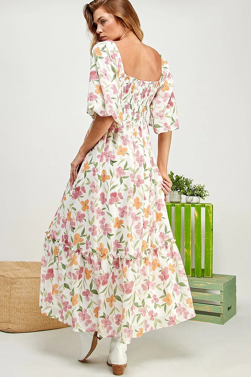 White Floral Barbie Flower Print Balloon Sleeve Tiered Dress