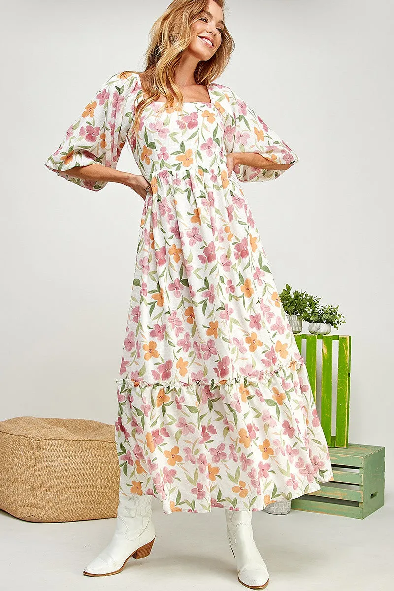 White Floral Barbie Flower Print Balloon Sleeve Tiered Dress