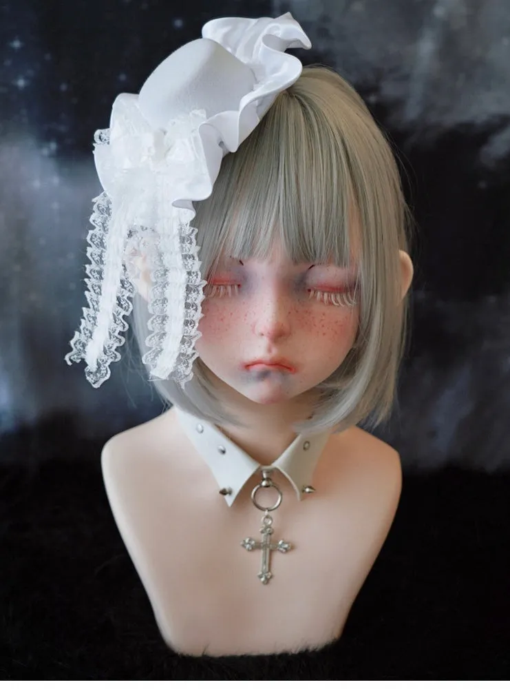 White Gothic Skeleton Lace Bow Ruffle Hem Hat Hairclip