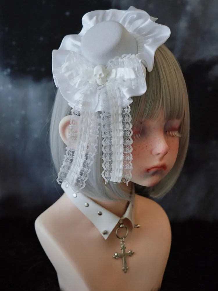 White Gothic Skeleton Lace Bow Ruffle Hem Hat Hairclip