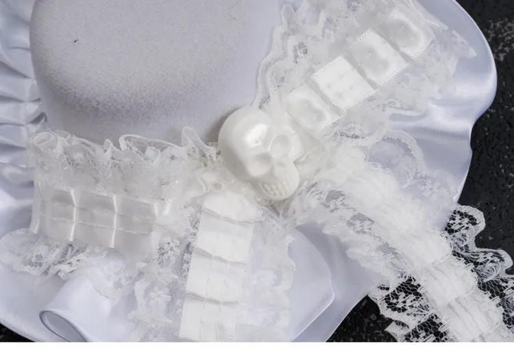 White Gothic Skeleton Lace Bow Ruffle Hem Hat Hairclip
