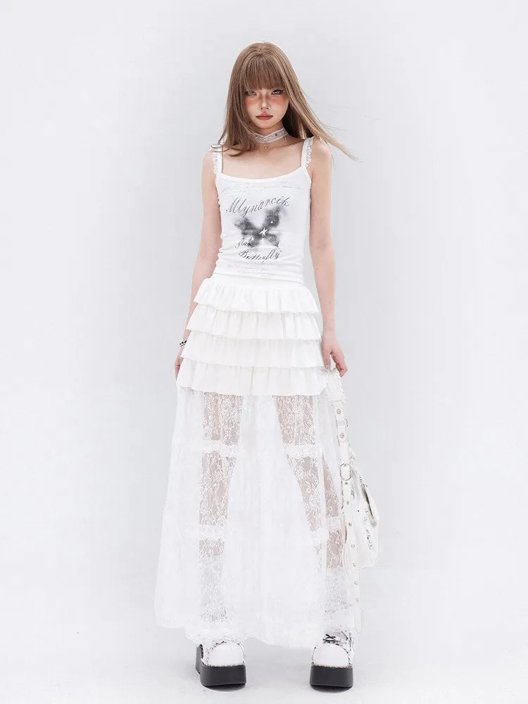 White Lace Ruffle Hem Tiered Long Skirt