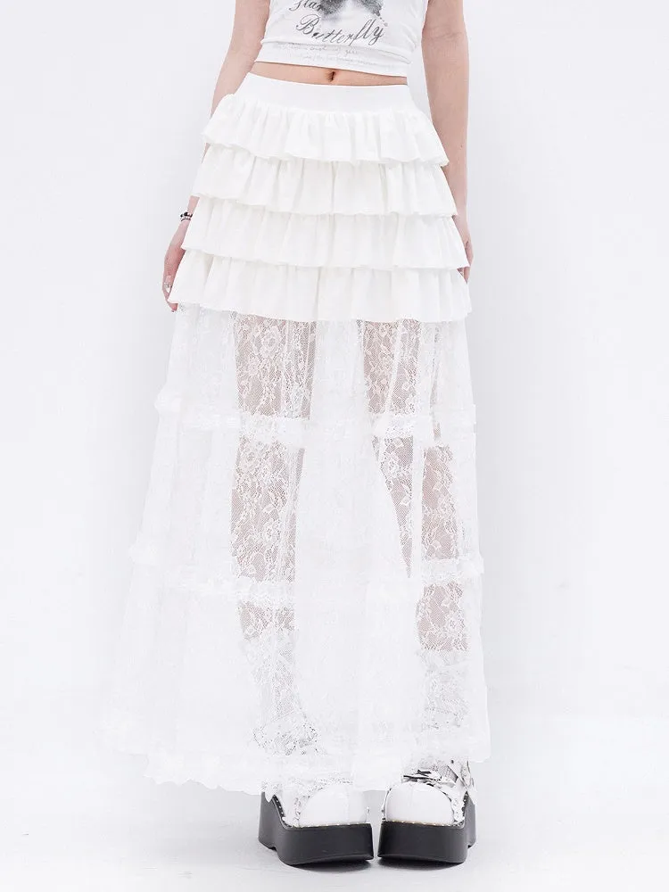 White Lace Ruffle Hem Tiered Long Skirt