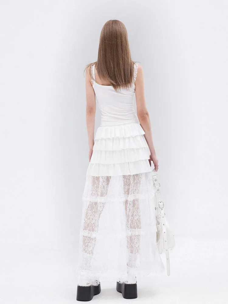 White Lace Ruffle Hem Tiered Long Skirt