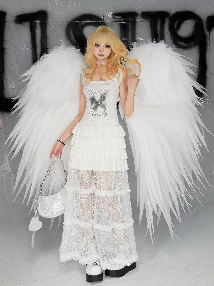 White Lace Ruffle Hem Tiered Long Skirt