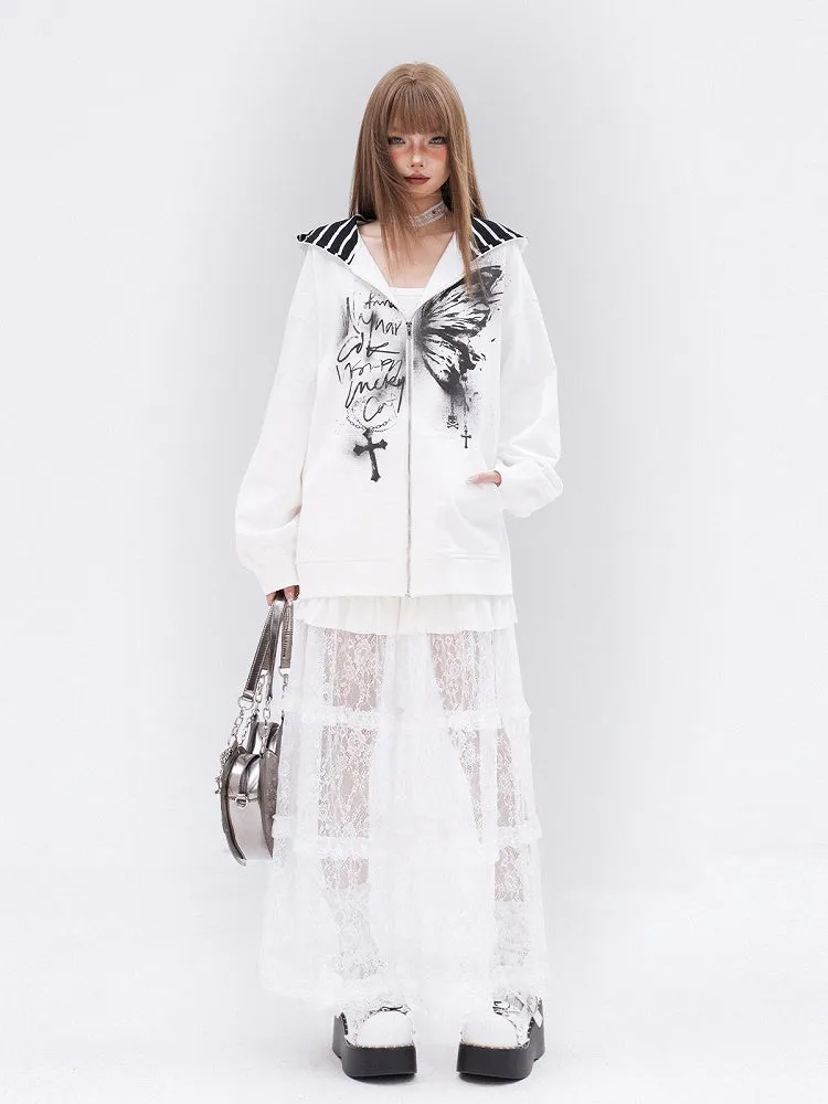 White Lace Ruffle Hem Tiered Long Skirt