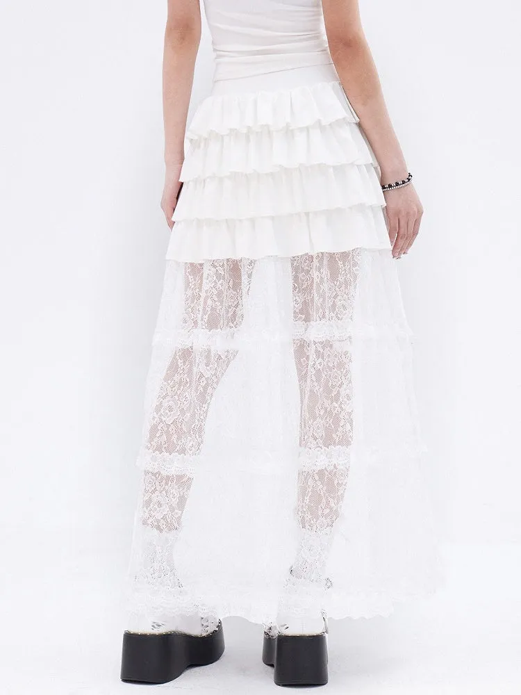 White Lace Ruffle Hem Tiered Long Skirt