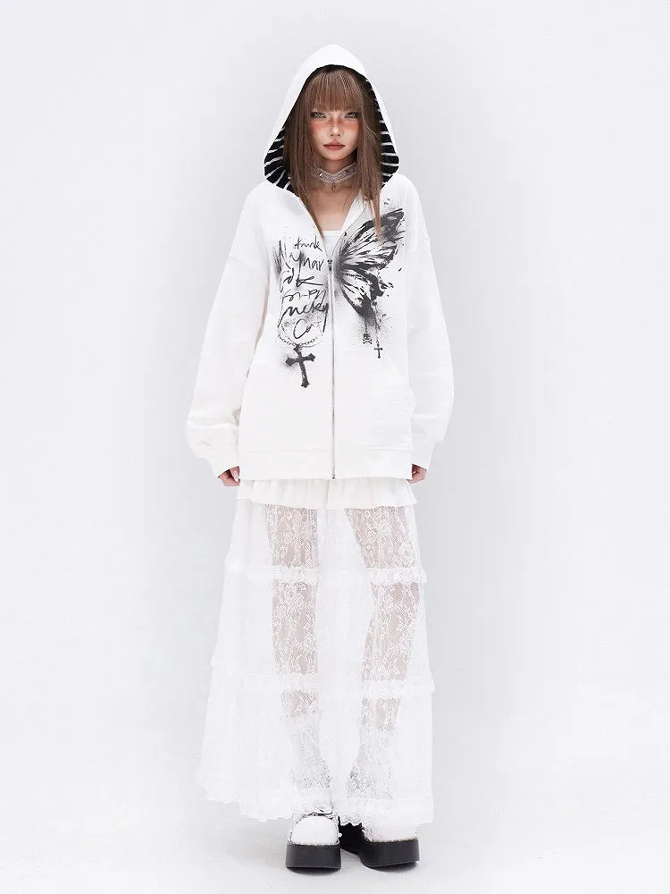 White Lace Ruffle Hem Tiered Long Skirt