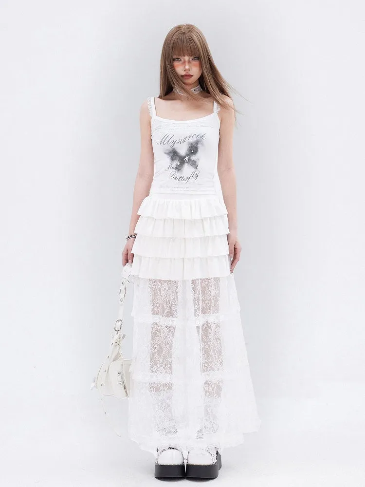 White Lace Ruffle Hem Tiered Long Skirt