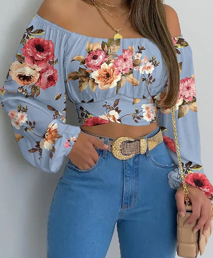 Wjczt Women Elegant Boho Print Blouse Casual Long Lantern Sleeve Off Shoulder Slim Shirt Female Chic Cropped Top Summer Tunics