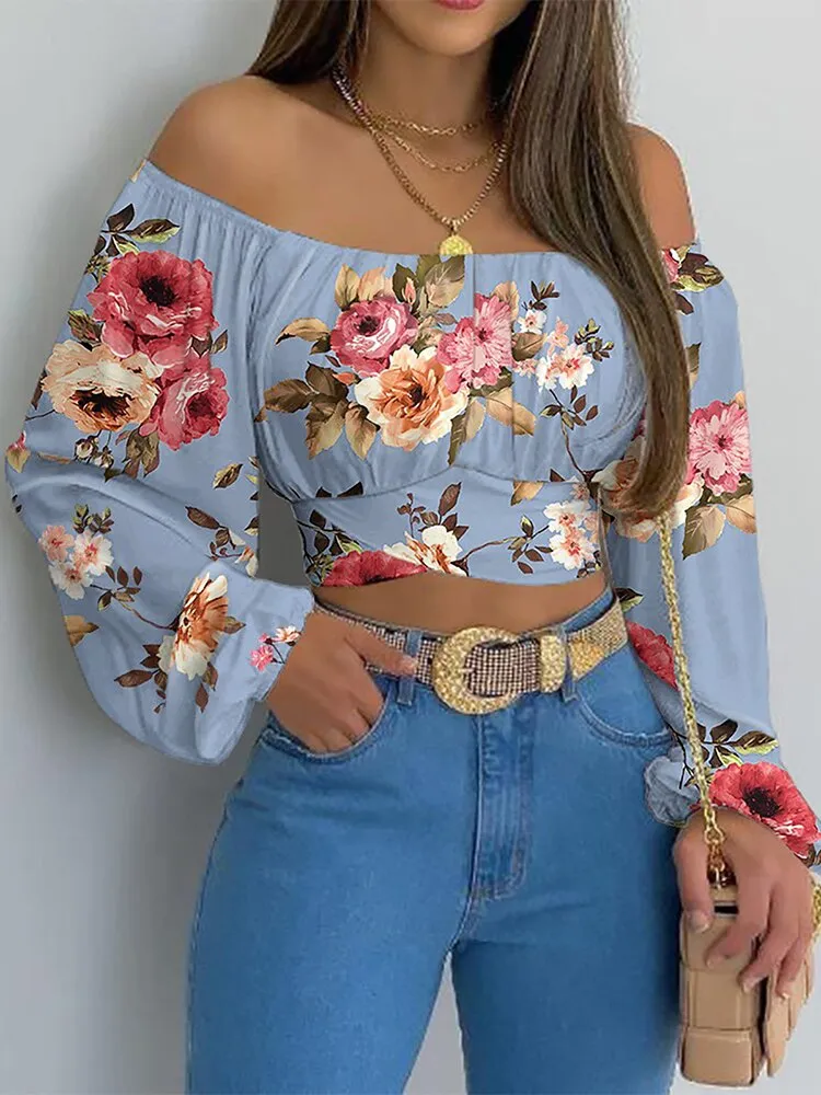 Wjczt Women Elegant Boho Print Blouse Casual Long Lantern Sleeve Off Shoulder Slim Shirt Female Chic Cropped Top Summer Tunics