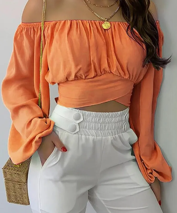 Wjczt Women Elegant Boho Print Blouse Casual Long Lantern Sleeve Off Shoulder Slim Shirt Female Chic Cropped Top Summer Tunics